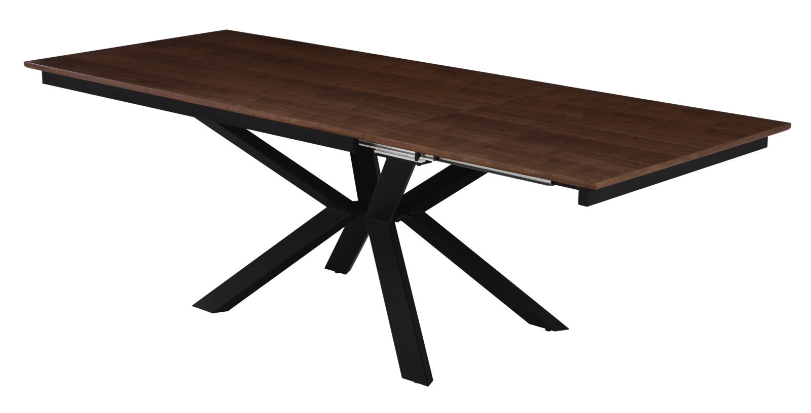 Uitschuifbare eettafel met donkerbruin houten tafelblad en zwart metalen sterpoot onderstel, schuin van voren in zijaanzicht gefotografeerd op witte achtergrond