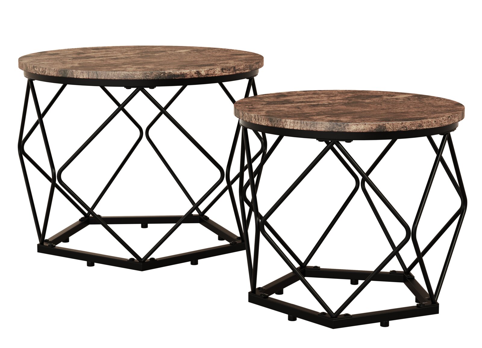 Zweiteiliges Set runder Beistelltische mit rustikaler Holzoptik-Tischplatte und schwarzem Metallgestell im geometrischen Design, schräg von vorn in leicht erhöhter Perspektive freigestellt