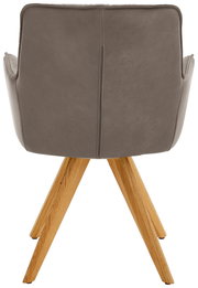 Rückansicht eines Design-Schalensessels mit grauem Bezug und Holzbeinen.