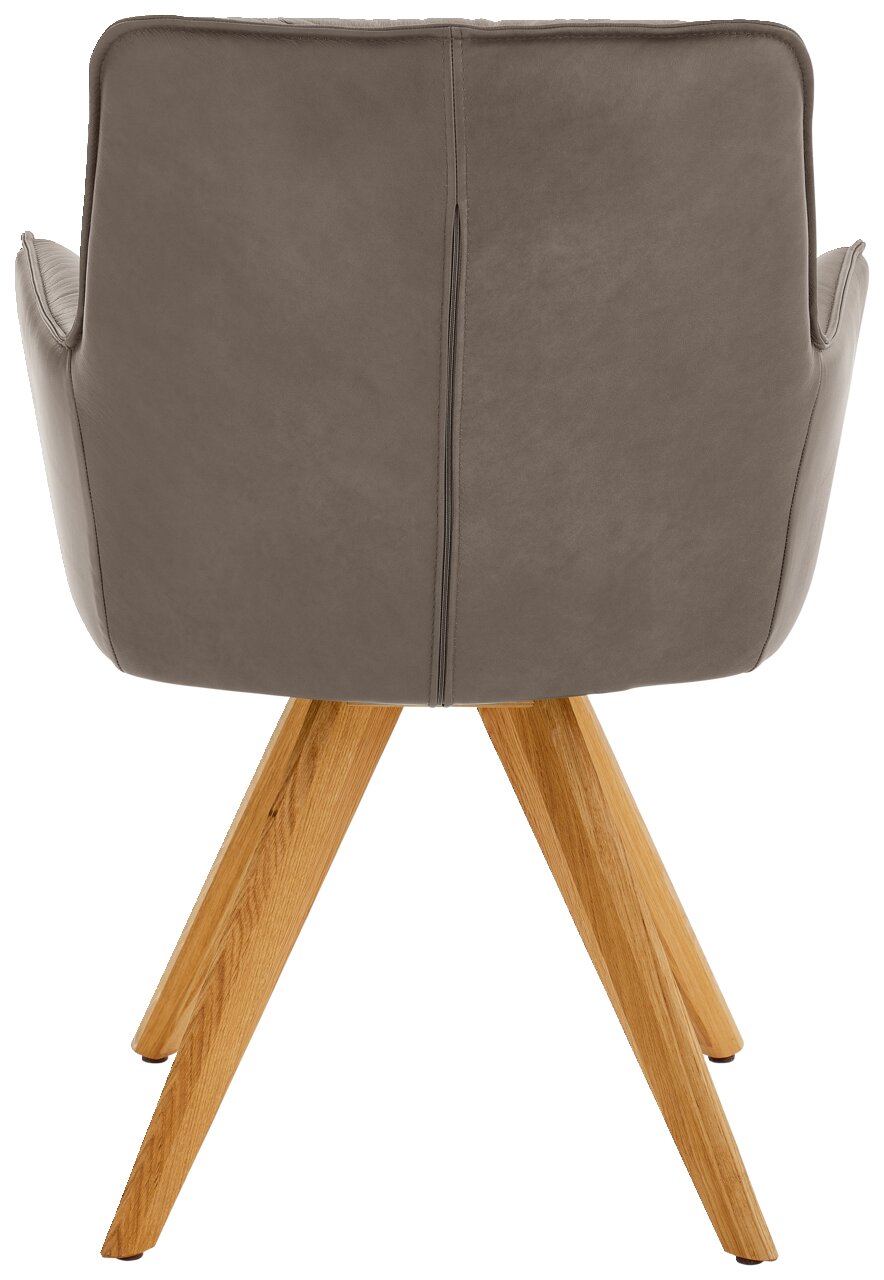 Rückansicht eines Design-Schalensessels mit grauem Bezug und Holzbeinen.