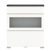 Moderner weißer Schuhschrank mit Glasfront, Ansicht von vorne.