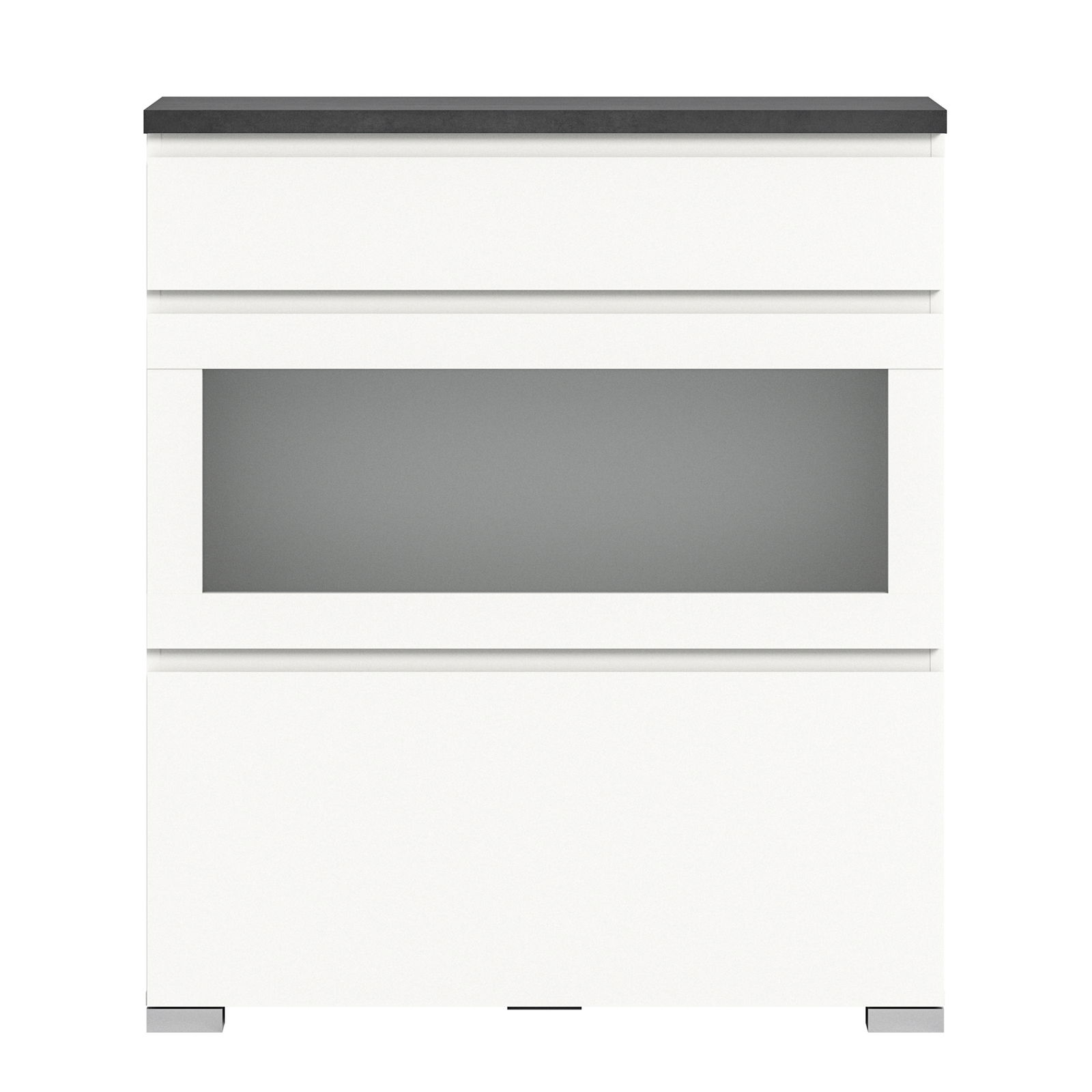 Moderner weißer Schuhschrank mit Glasfront, Ansicht von vorne.