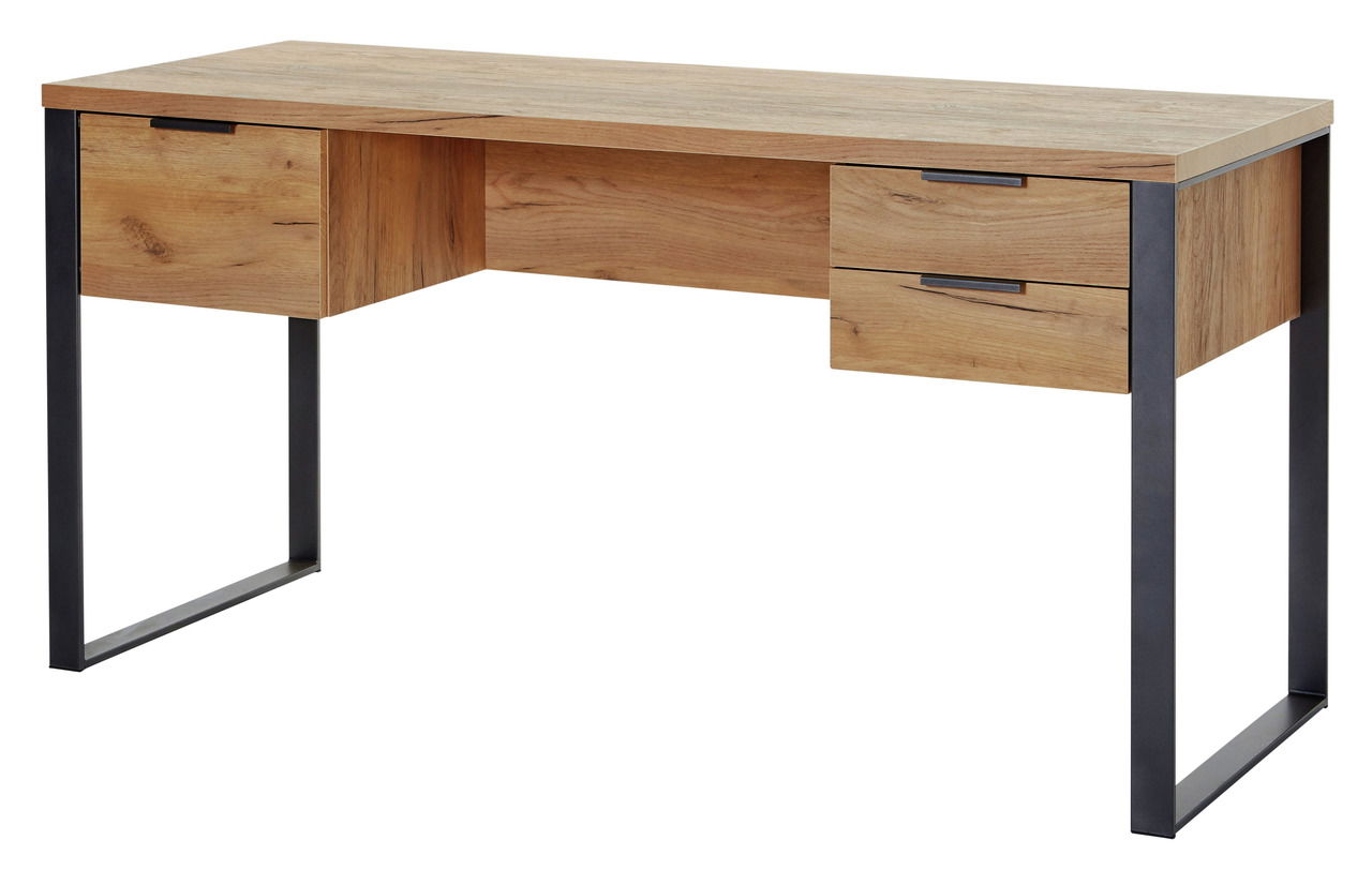 Moderner Schreibtisch aus Holz mit Metallbeinen, zwei Schubladen auf der rechten Seite, seitliche Perspektive