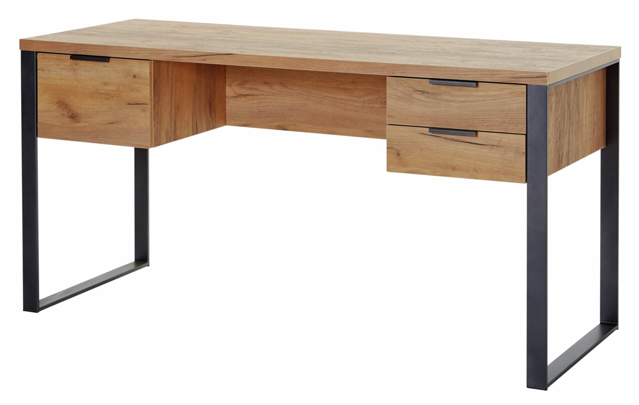 Moderner Schreibtisch aus Holz mit Metallbeinen, zwei Schubladen auf der rechten Seite, seitliche Perspektive