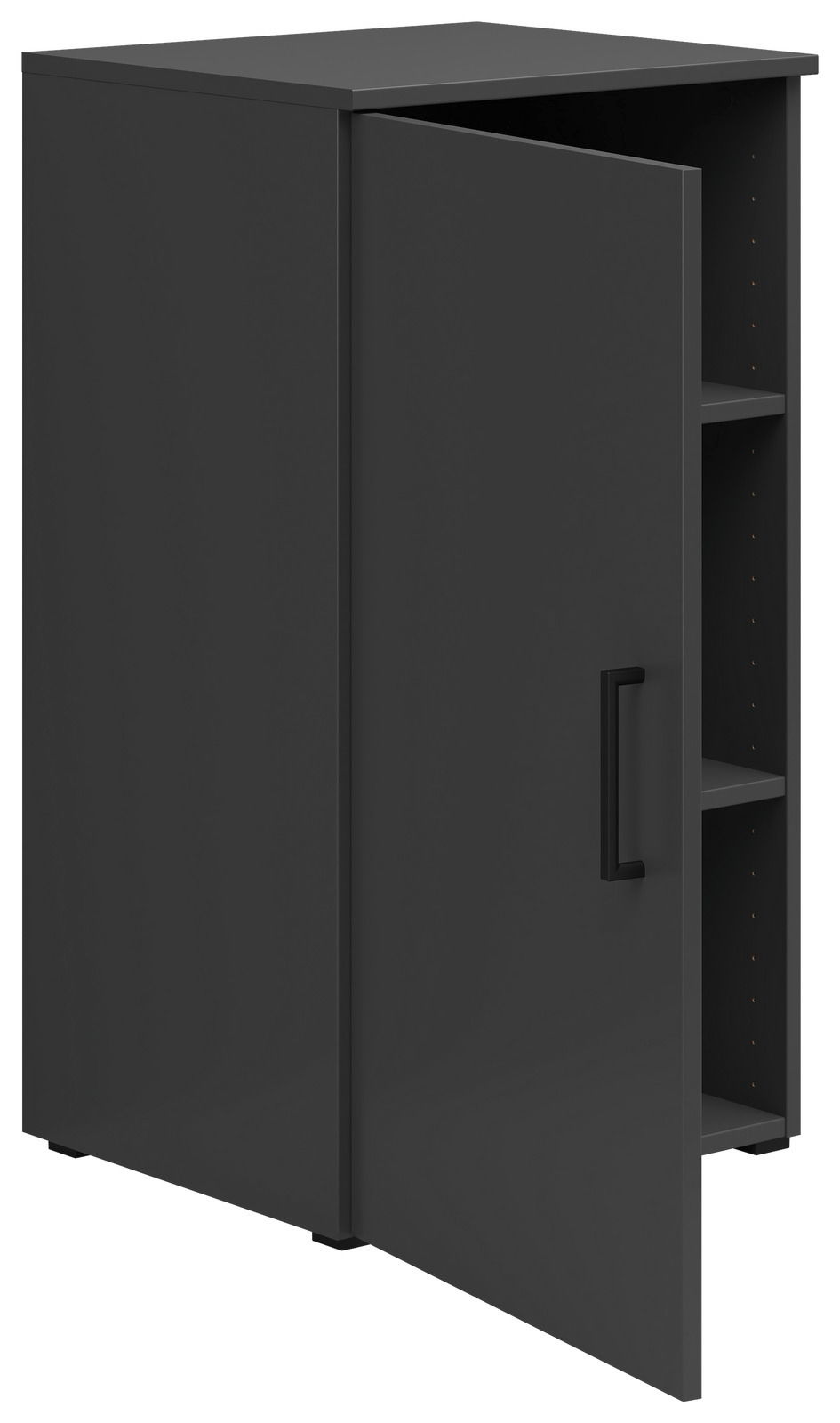 Schwarze Kommode mit geöffneter Tür, zeigt zwei Regalböden, Perspektive von vorne links