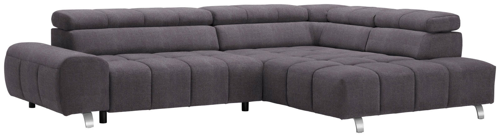 Graues Ecksofa mit Ottomane rechts, moderne Metallfüße, Perspektive von vorne links