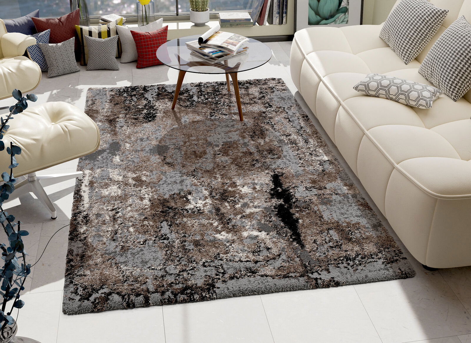 OCI Webteppich 240x290 cm JUWEL Moderner Teppich Juwel Liray in einem stilvollen Wohnzimmer, Perspektive von oben, mit einem eleganten Sofa und einem Glastisch.