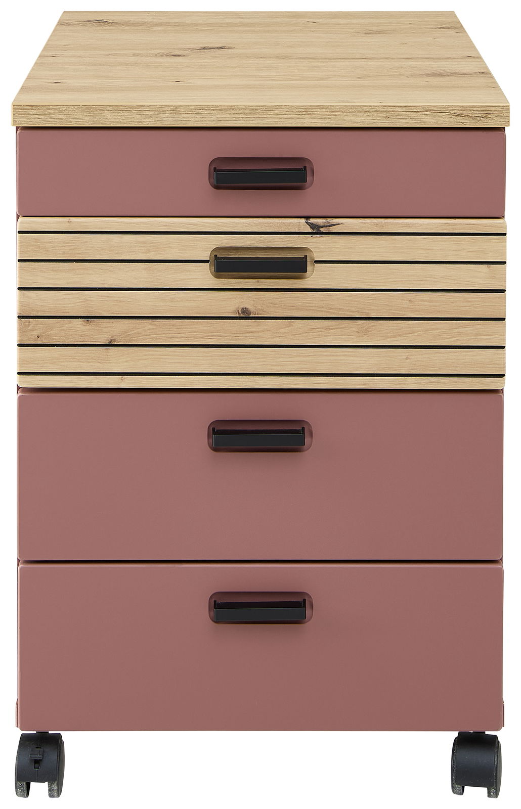 Rollcontainer mit vier Schubladen, zwei in Holzoptik und zwei in Rosa, auf Rollen, Frontalansicht