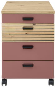 Rollcontainer mit vier Schubladen, zwei in Holzoptik und zwei in Rosa, auf Rollen, Frontalansicht
