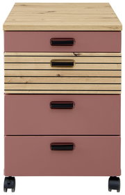 Rollcontainer mit vier Schubladen, zwei in Holzoptik und zwei in Rosa, auf Rollen, Frontalansicht