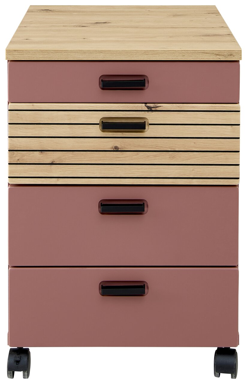 Rollcontainer met vier lades, twee in houtlook en twee in roze, op wieltjes, vooraanzicht