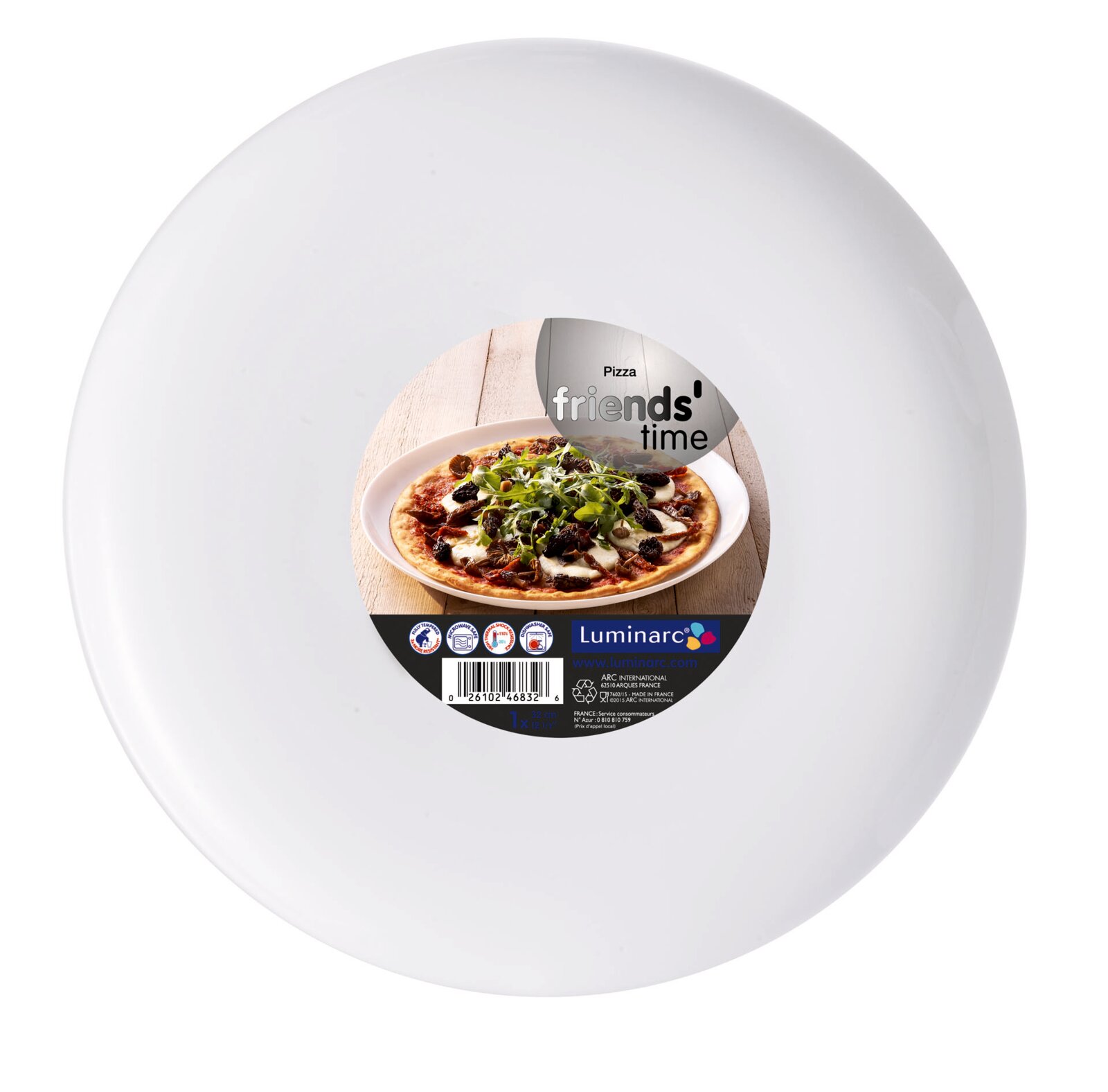 Weißer runder Pizzateller von Luminarc „friends' time“ mit Produktaufkleber in der Mitte, Ansicht von oben (Draufsicht) auf weißem Hintergrund