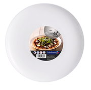 Weißer runder Pizzateller von Luminarc „friends' time“ mit Produktaufkleber in der Mitte, Ansicht von oben (Draufsicht) auf weißem Hintergrund