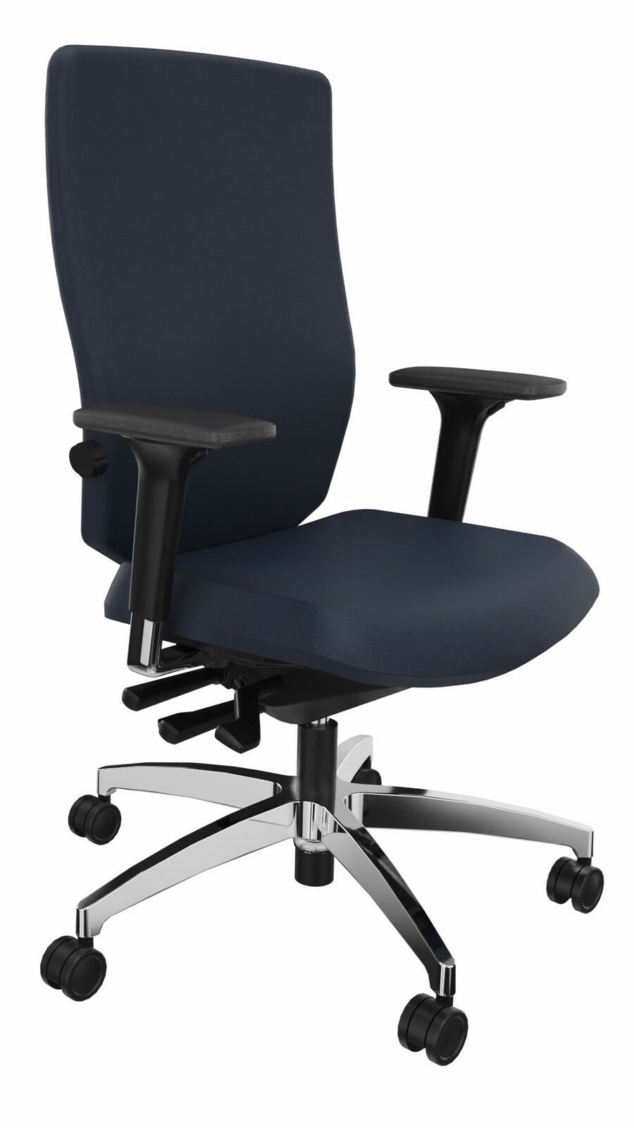 Dauphin Drehstuhl STILO Moderner Drehstuhl mit blauer Polsterung, verstellbaren Armlehnen und verchromtem Fußkreuz, seitliche Perspektive