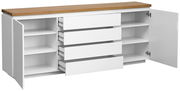 XL-Sideboard mit weißem Korpus und Holzplatte, offene Schubladen und Türen, seitliche Perspektive