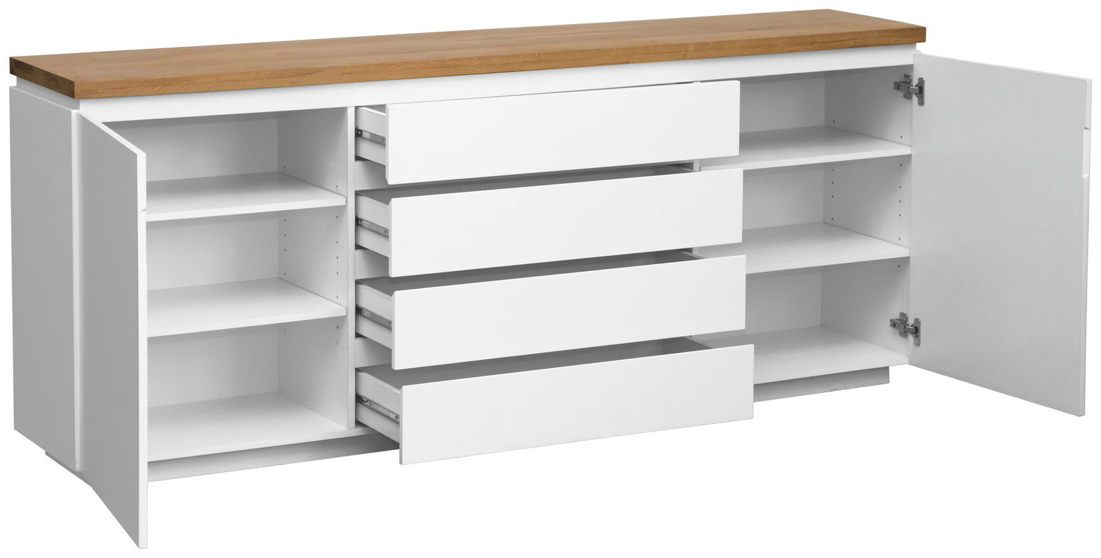 XL-Sideboard mit weißem Korpus und Holzplatte, offene Schubladen und Türen, seitliche Perspektive