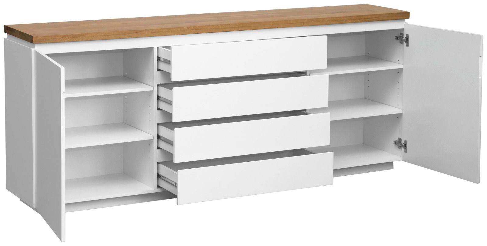XL-Sideboard mit weißem Korpus und Holzplatte, offene Schubladen und Türen, seitliche Perspektive