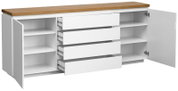 XL-dressoir met witte romp en houten blad, open lades en deuren, zijaanzicht