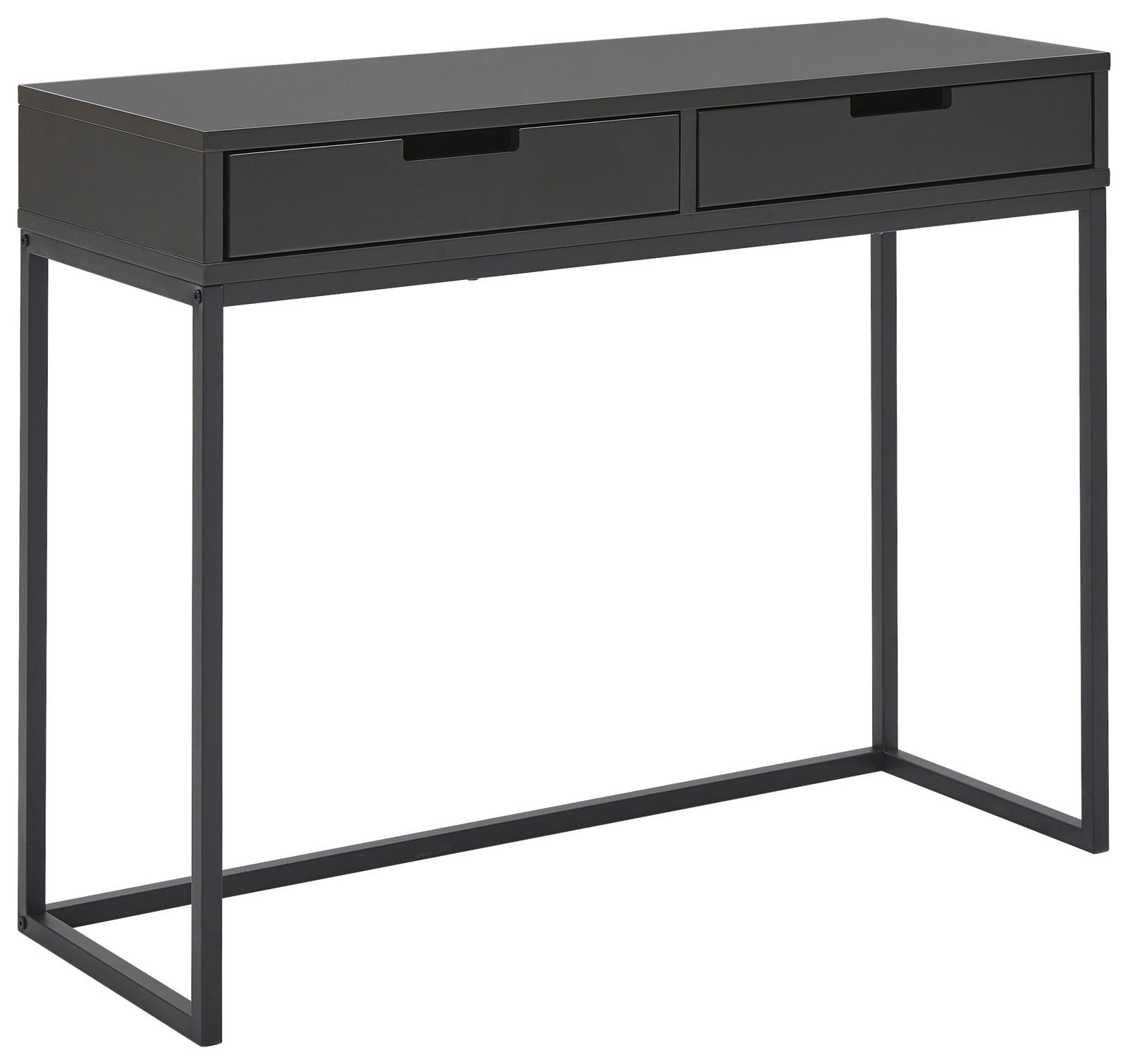 Schwarze Konsole mit zwei Schubladen, seitliche Perspektive