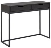 Schwarze Konsole mit zwei Schubladen, seitliche Perspektive