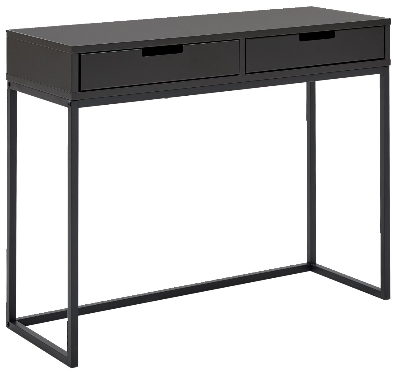 Schwarze Konsole mit zwei Schubladen, seitliche Perspektive