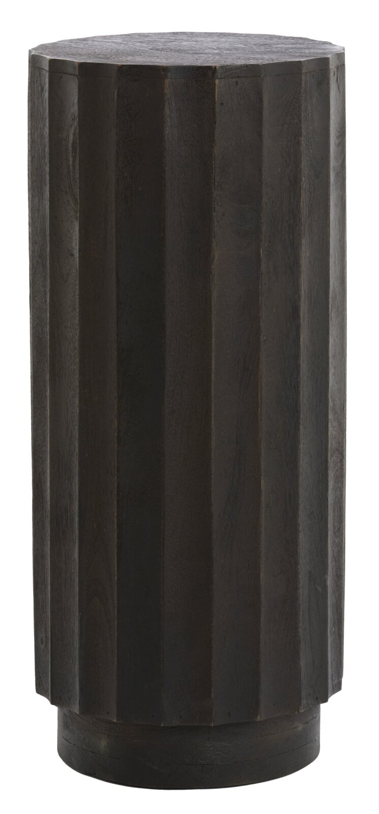 Dunkler, facettierter Holzsockel bzw. Beistelltisch in zylindrischer Form, frontal in leichter Aufsicht auf die Oberseite fotografiert