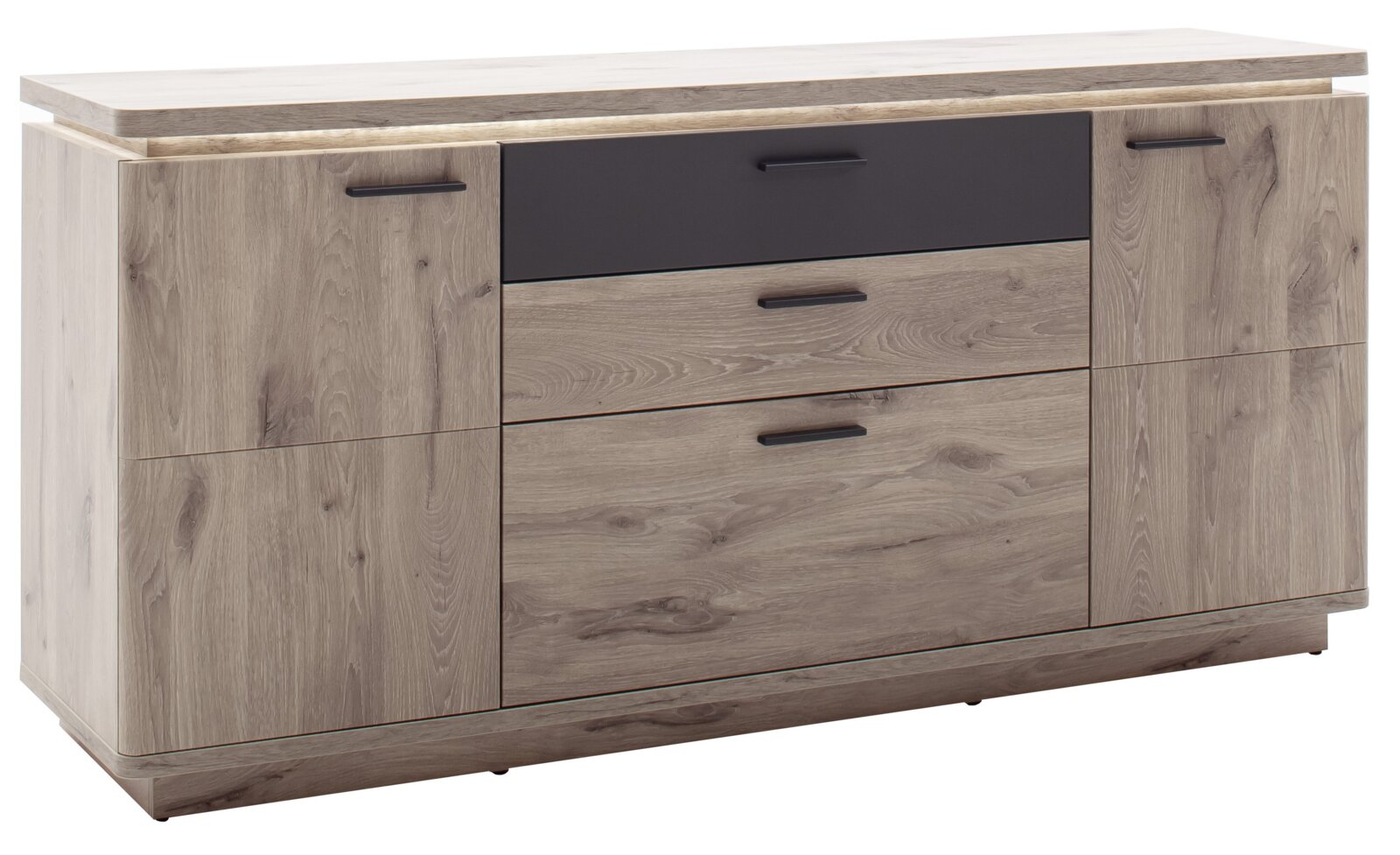 Zurbrüggen Sideboard MODENA Moderne Holz-Kommode/Sideboard in Eichenoptik mit zwei Türen, drei Schubladen und schwarzen Griffen, freigestellt auf weißem Hintergrund, Ansicht leicht schräg von vorne
