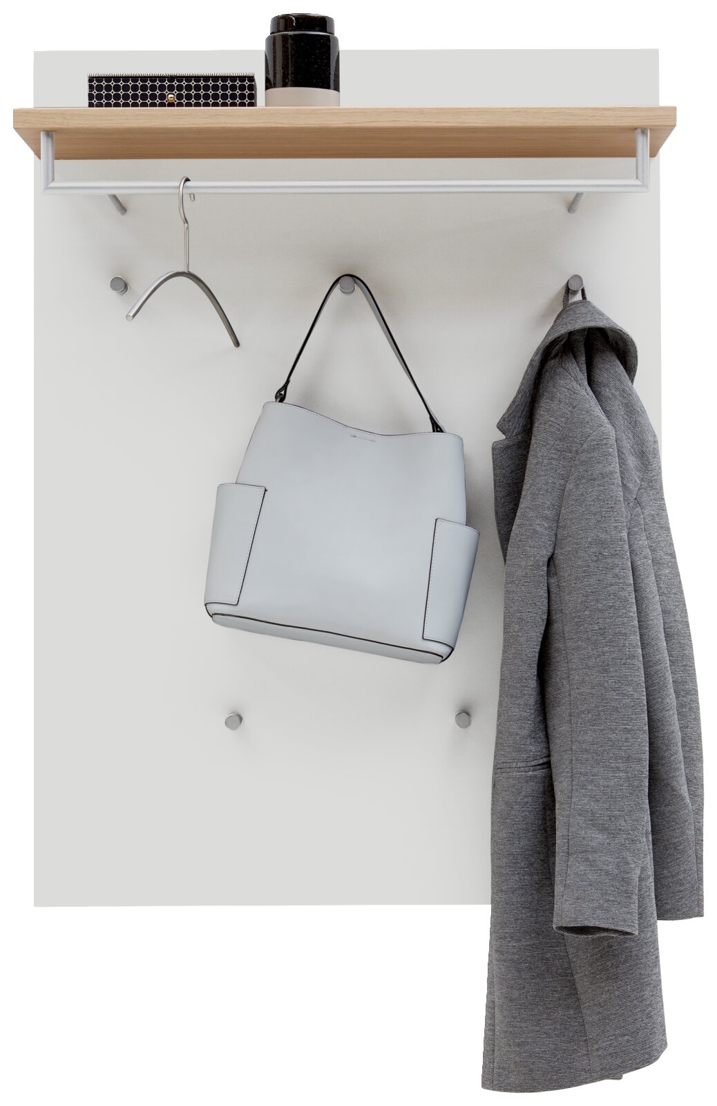 Frontale Ansicht eines Garderoben-Sets mit einer Holzablage, Kleiderhaken, einer grauen Tasche und einem grauen Mantel.