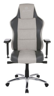 Frontansicht eines modernen Gaming-Stuhls mit grauem Stoff und schwarzen Akzenten, verstellbaren Armlehnen und einem stabilen Metallfuß mit Rollen.