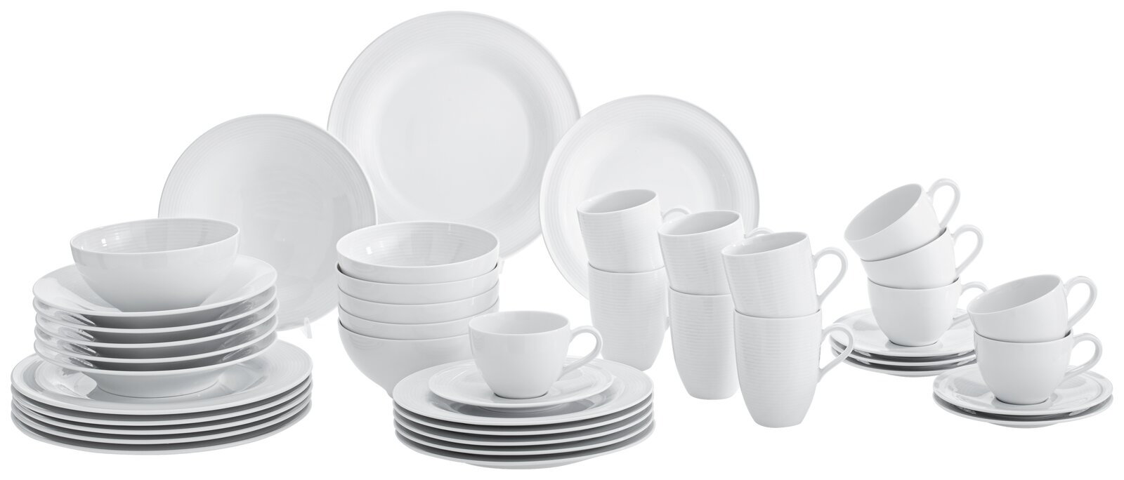 Seltmann Weiden Kombiservice 42-tlg. BEAT Kombiservice Beat 42-tlg. in Weiß, bestehend aus Tellern, Schalen, Tassen und Untertassen, aus einer frontalen Perspektive fotografiert.