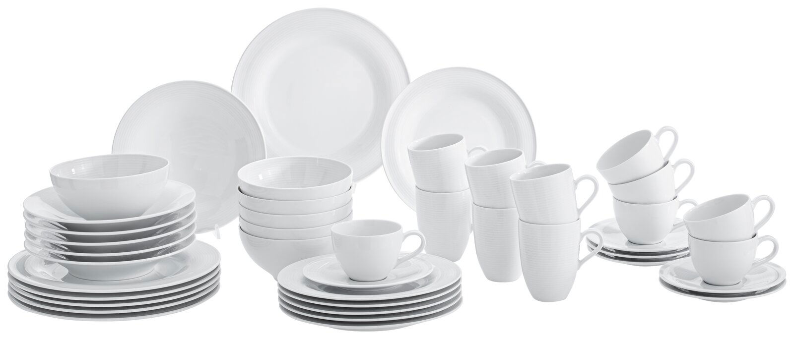 Seltmann Weiden Kombiservice 42-tlg. BEAT Kombiservice Beat 42-tlg. in Weiß, bestehend aus Tellern, Schalen, Tassen und Untertassen, aus einer frontalen Perspektive fotografiert.
