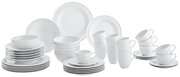 Kombiservice Beat 42-tlg. in Weiß, bestehend aus Tellern, Schalen, Tassen und Untertassen, aus einer frontalen Perspektive fotografiert.