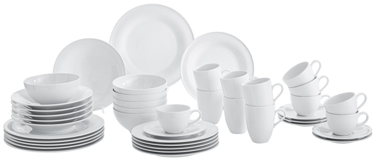 Kombiservice Beat 42-tlg. in Weiß, bestehend aus Tellern, Schalen, Tassen und Untertassen, aus einer frontalen Perspektive fotografiert.