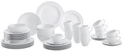 Kombiservice Beat 42-tlg. in Weiß, bestehend aus Tellern, Schalen, Tassen und Untertassen, aus einer frontalen Perspektive fotografiert.