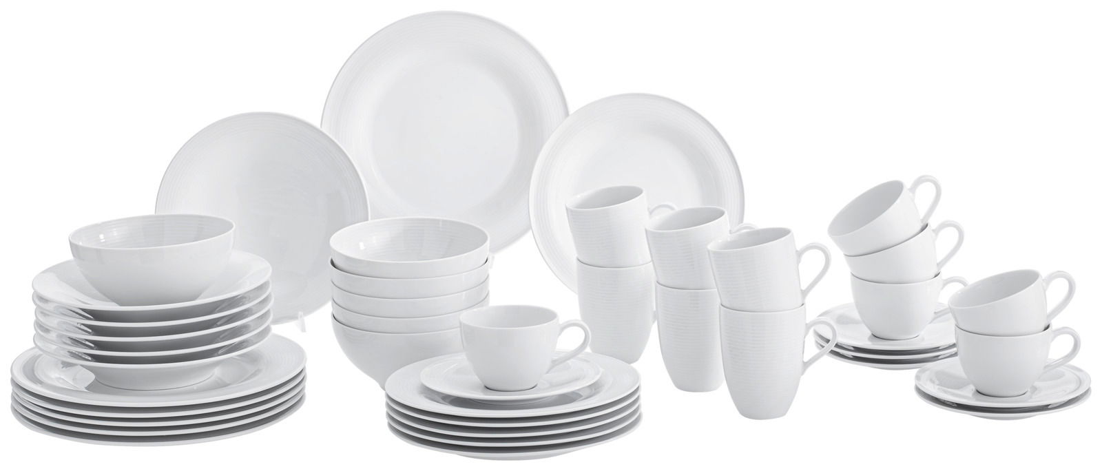 Kombiservice Beat 42-tlg. in Weiß, bestehend aus Tellern, Schalen, Tassen und Untertassen, aus einer frontalen Perspektive fotografiert.