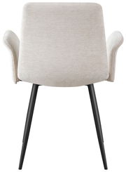 Rückansicht eines modernen Armlehnstuhls mit hellgrauem Stoffbezug und schwarzen Metallbeinen.