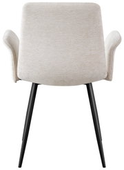 Achterkant van een moderne fauteuil met een lichtgrijze stoffen bekleding en zwarte metalen poten.
