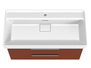 Moderner Waschtisch mit weißem Becken und braunem Unterschrank, Ansicht von oben