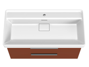 Moderner Waschtisch mit weißem Becken und braunem Unterschrank, Ansicht von oben