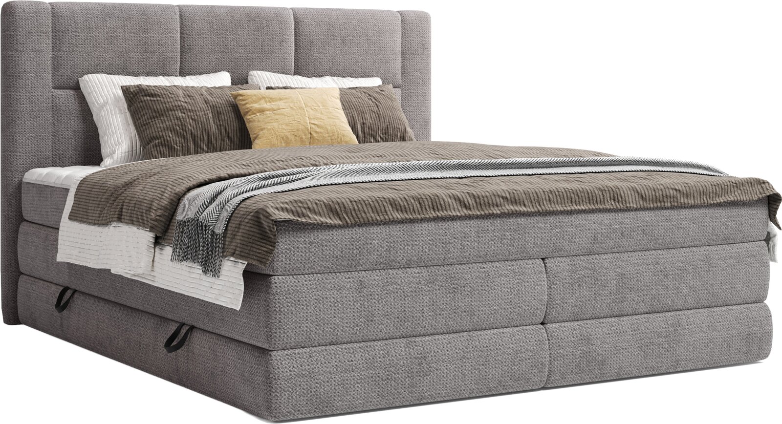 Grijs gestoffeerd boxspringbed met hoog, gewatteerd hoofdbord en beddengoed, schuin van voren in 3/4-perspectief weergegeven op witte achtergrond