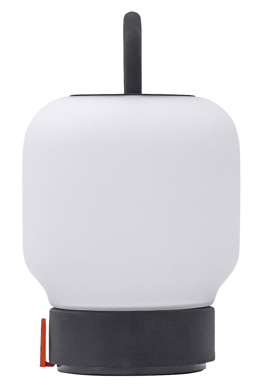 Moderne, anthrazitfarbene Lampe mit weißem, runden Schirm und schwarzem Griff, frontal abgebildet.