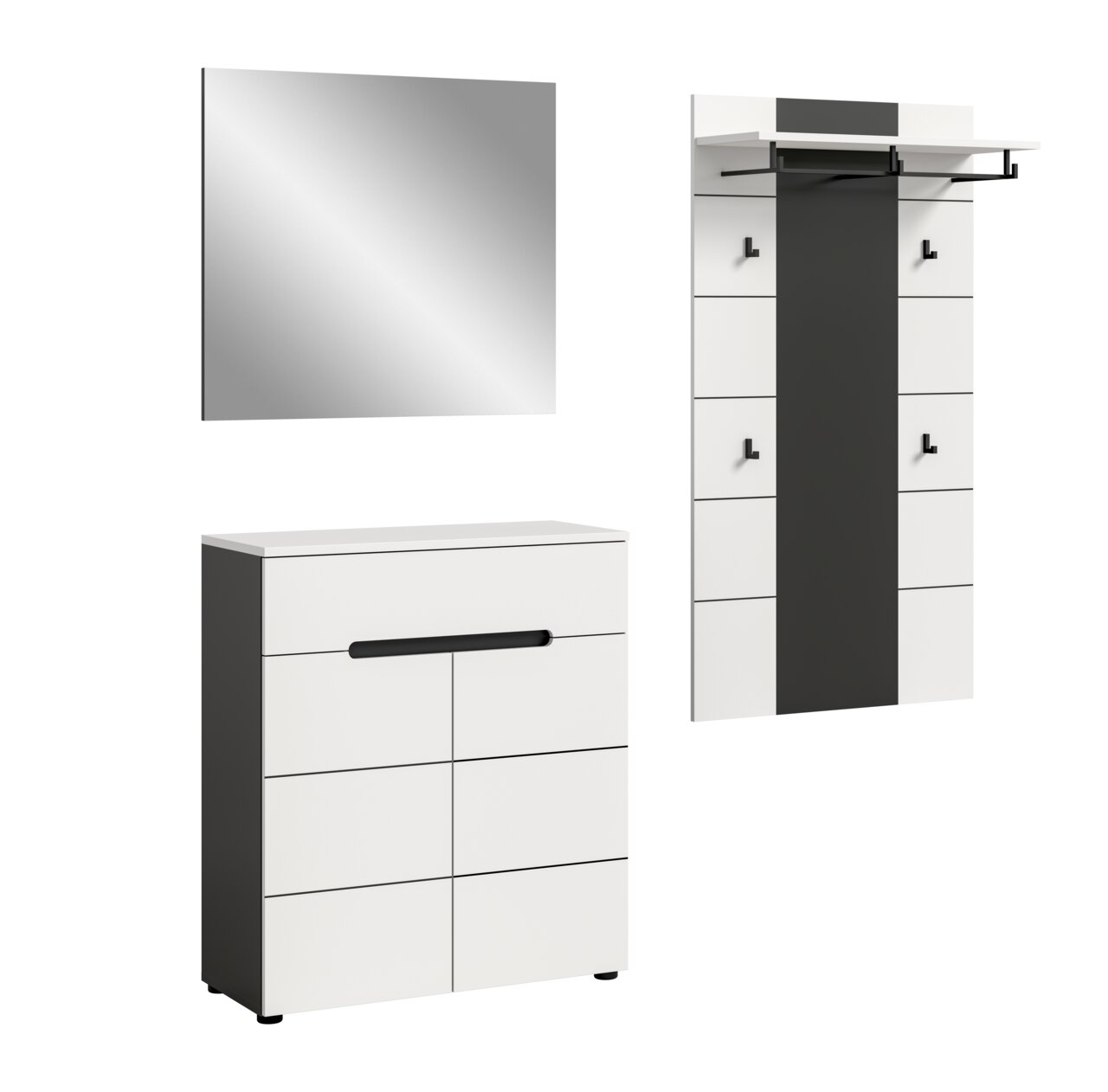 Modernes Flur-Set in Weiß und Anthrazit mit Wandspiegel, Schuhkommode und Garderobenpaneel mit Ablage und Haken, freigestellt auf weißem Hintergrund; Perspektive: leicht schräg von vorn (Kommode und Paneel) sowie frontal (Spiegel).