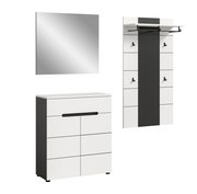 Modernes Flur-Set in Weiß und Anthrazit mit Wandspiegel, Schuhkommode und Garderobenpaneel mit Ablage und Haken, freigestellt auf weißem Hintergrund; Perspektive: leicht schräg von vorn (Kommode und Paneel) sowie frontal (Spiegel).