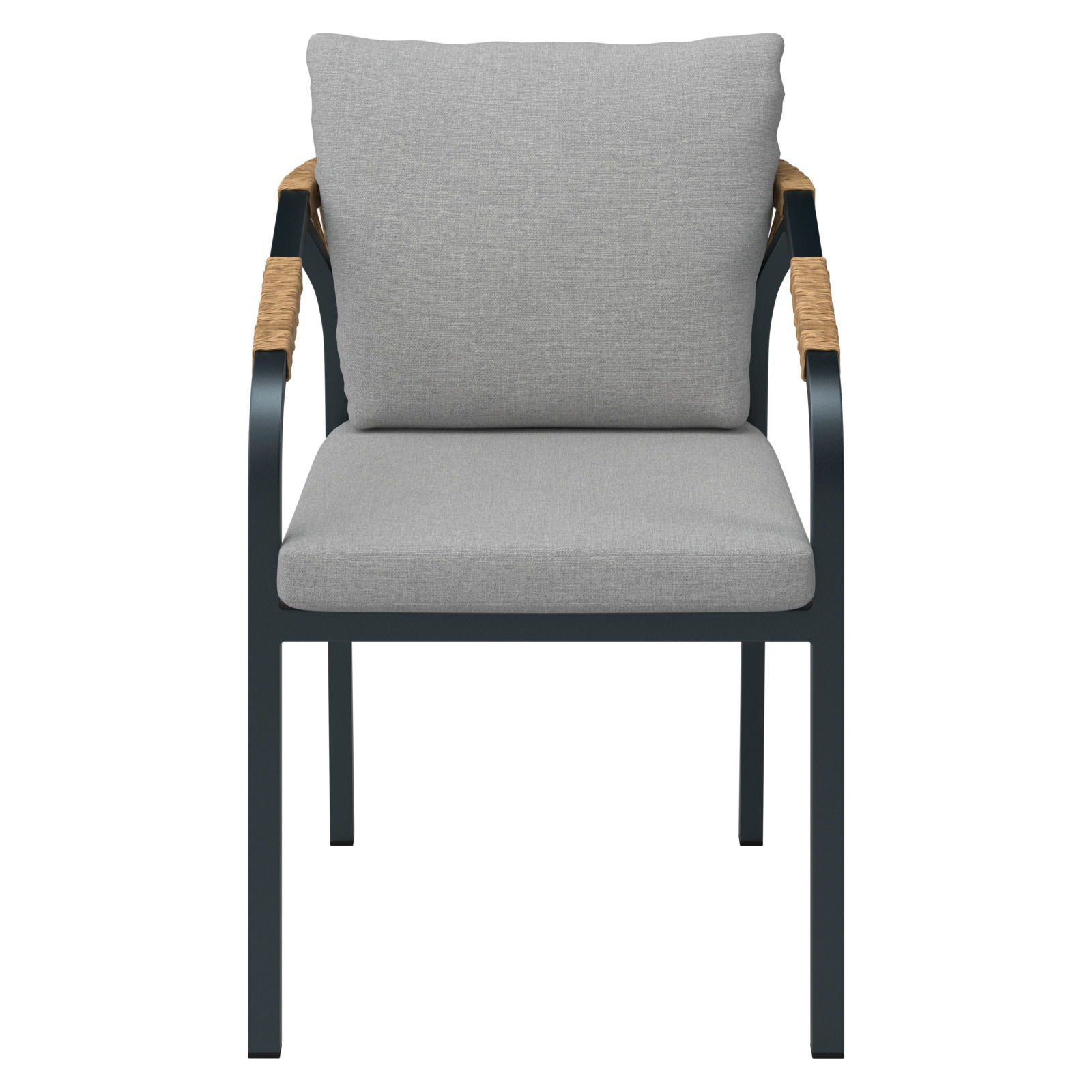 Frontansicht eines modernen Stapelsessels mit grauem Kissen und Armlehnen aus Holz.