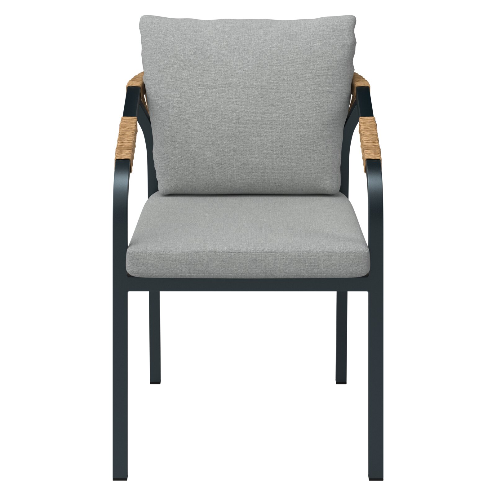 Frontansicht eines modernen Stapelsessels mit grauem Kissen und Armlehnen aus Holz.