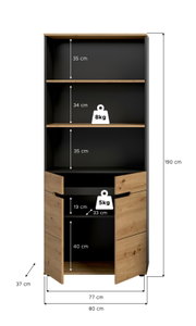 Frontansicht eines hohen Schranks in Schwarz mit Holzoptik-Fronten, offenen Regalfächern und zwei geöffneten Türen, inkl. Maßangaben (H 190 cm, B 80 cm, T 37 cm) sowie Traglast-Hinweisen (8 kg/5 kg).