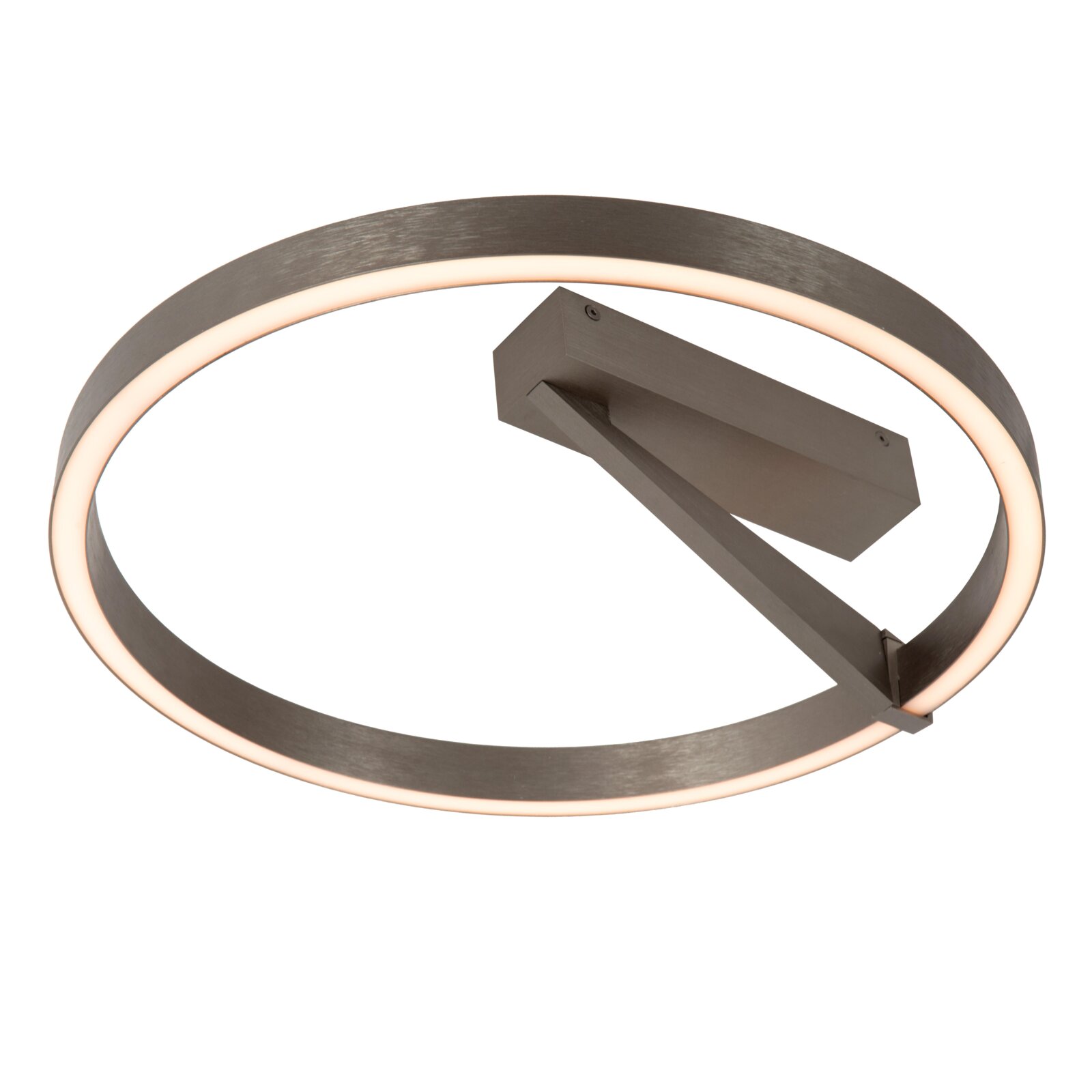 Moderne runde LED-Deckenleuchte in Ringform aus gebürstetem Metall in Dunkelgrau mit warmweißem Licht, schräg von unten im Detail fotografiert