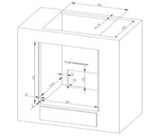 Isometrische technische Zeichnung eines rechteckigen Einbau-/Unterbauschrank-Korpus mit Ausschnitt und Maßangaben (u. a. Breite ca. 560 mm), inkl. Hinweis „für den Klemmenkasten“, Ansicht schräg von vorne oben.