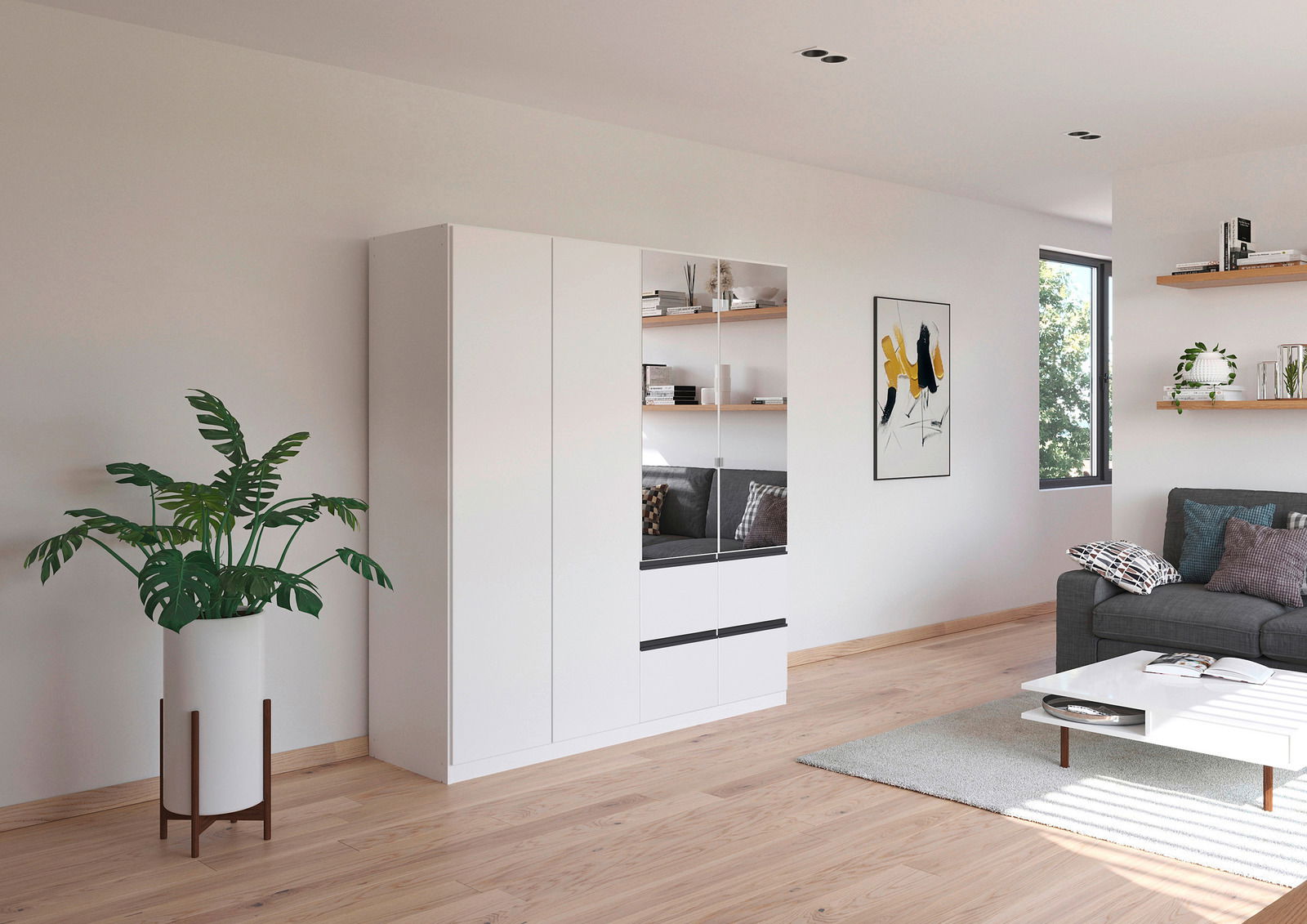 Moderner, weißer Drehtürenschrank mit vier Türen, teilweise mit Spiegel, in einem stilvoll eingerichteten Wohnzimmer, seitliche Perspektive.