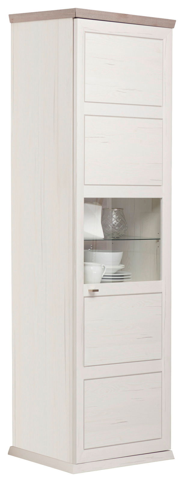 Hom´in Vitrine CAMRON Weiße Vitrine mit Glaseinsatz, seitliche Perspektive, zeigt Geschirr im Inneren.